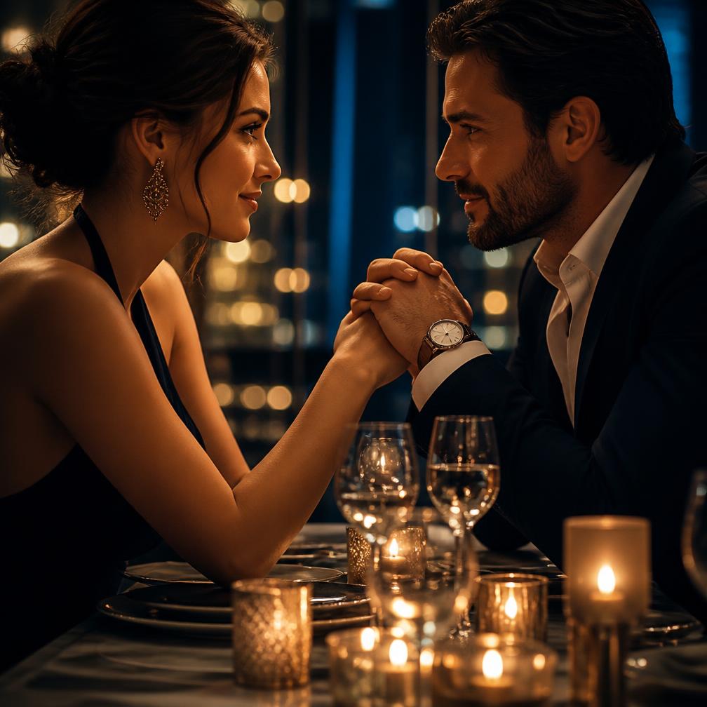 Couple holding hands across a candlelit dinner table